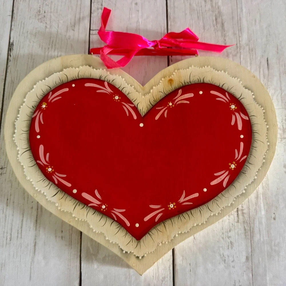 Vintage Hand Painted Wood Heart Wall Hanging Folk Art Birds Roses Reversible 11